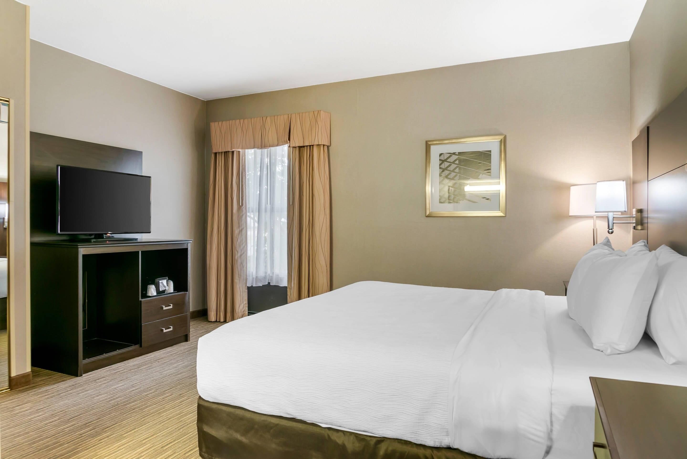 Habitación de hotel con cama, televisión sobre un mueble, escritorio con lámpara y ventana con cortinas.