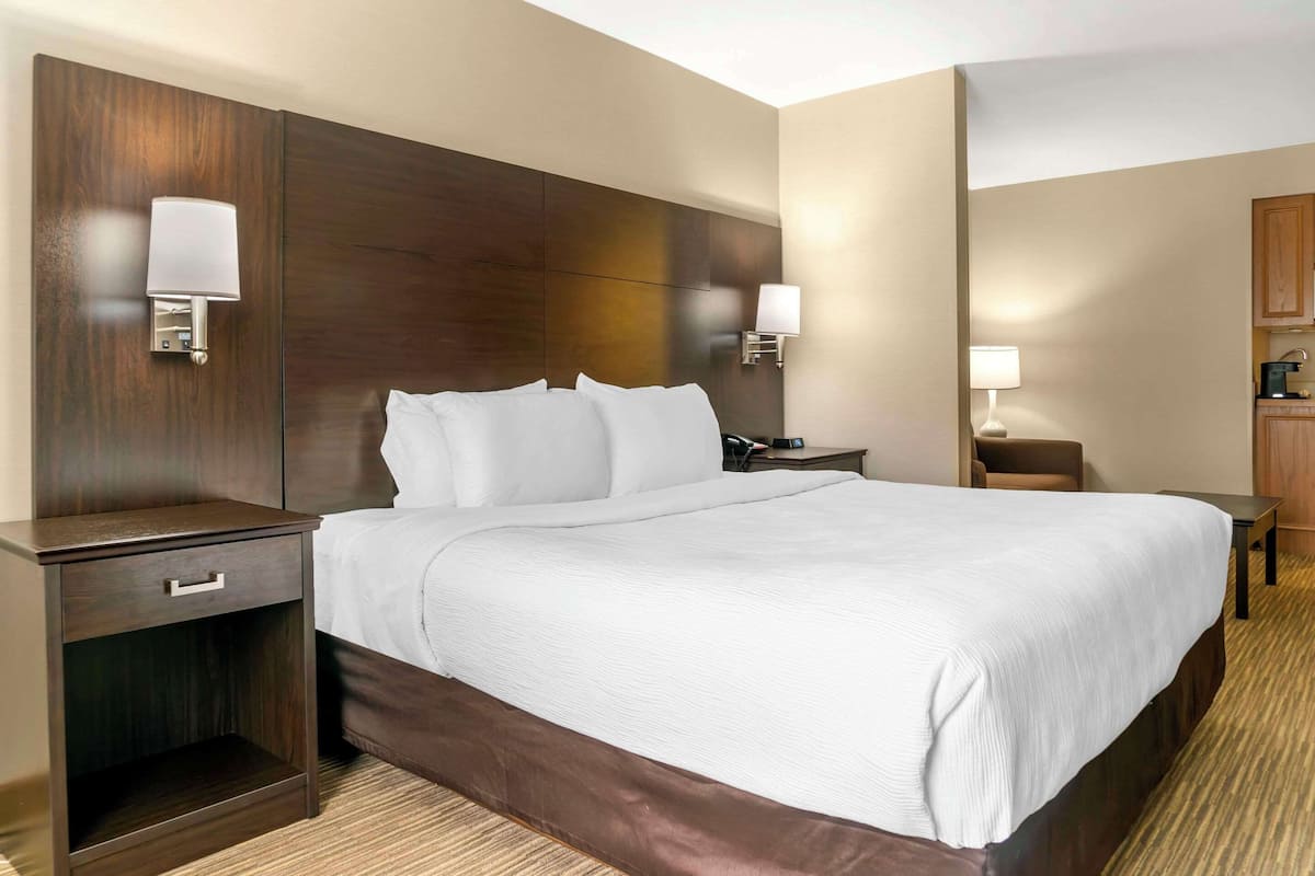 1 bedroom, desk, laptop workspace, blackout curtains