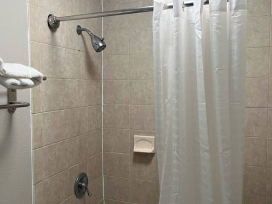 A shower area with a glass door, a towel rack with two white towels, and a soap dish.