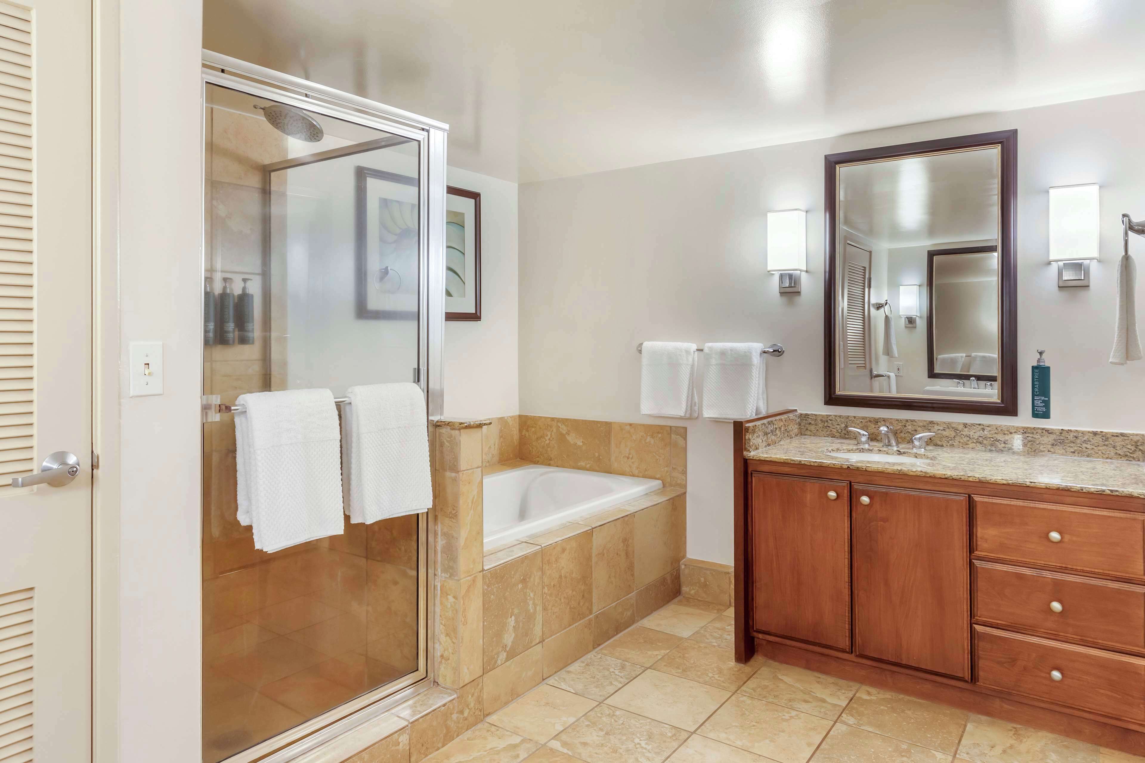 A bathroom with a glass shower enclosure, a bathtub, a vanity with a sink, and a large mirror.