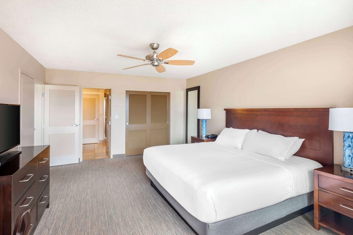 A hotel room with a bed, a TV, a dresser, a ceiling fan, and a door leading to a closet.