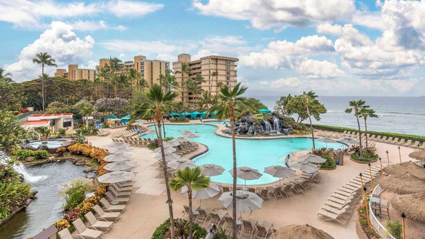 Un resort con una piscina grande, palmeras y vista al océano.
