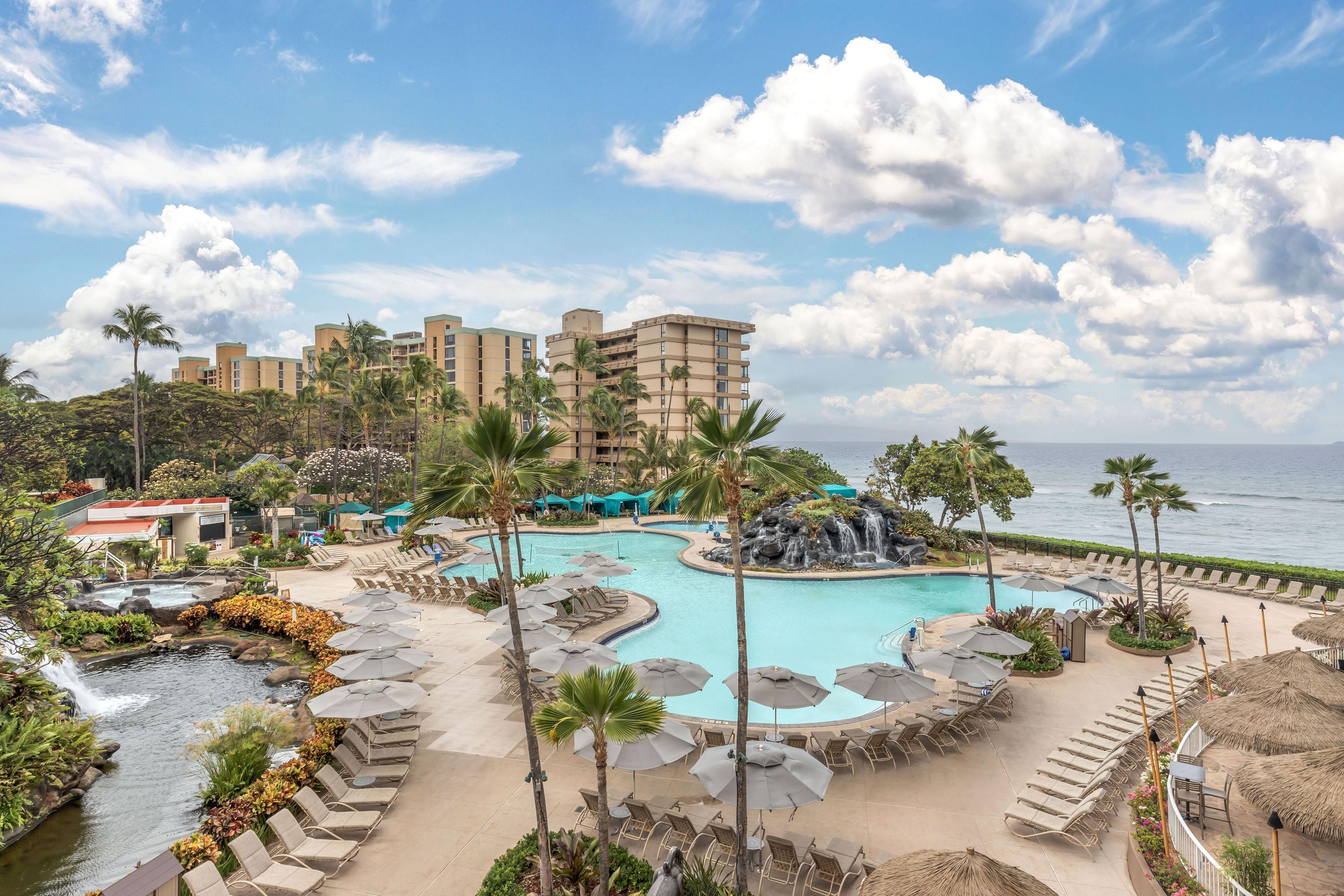 Un resort con una amplia piscina, palmeras y vistas al océano.