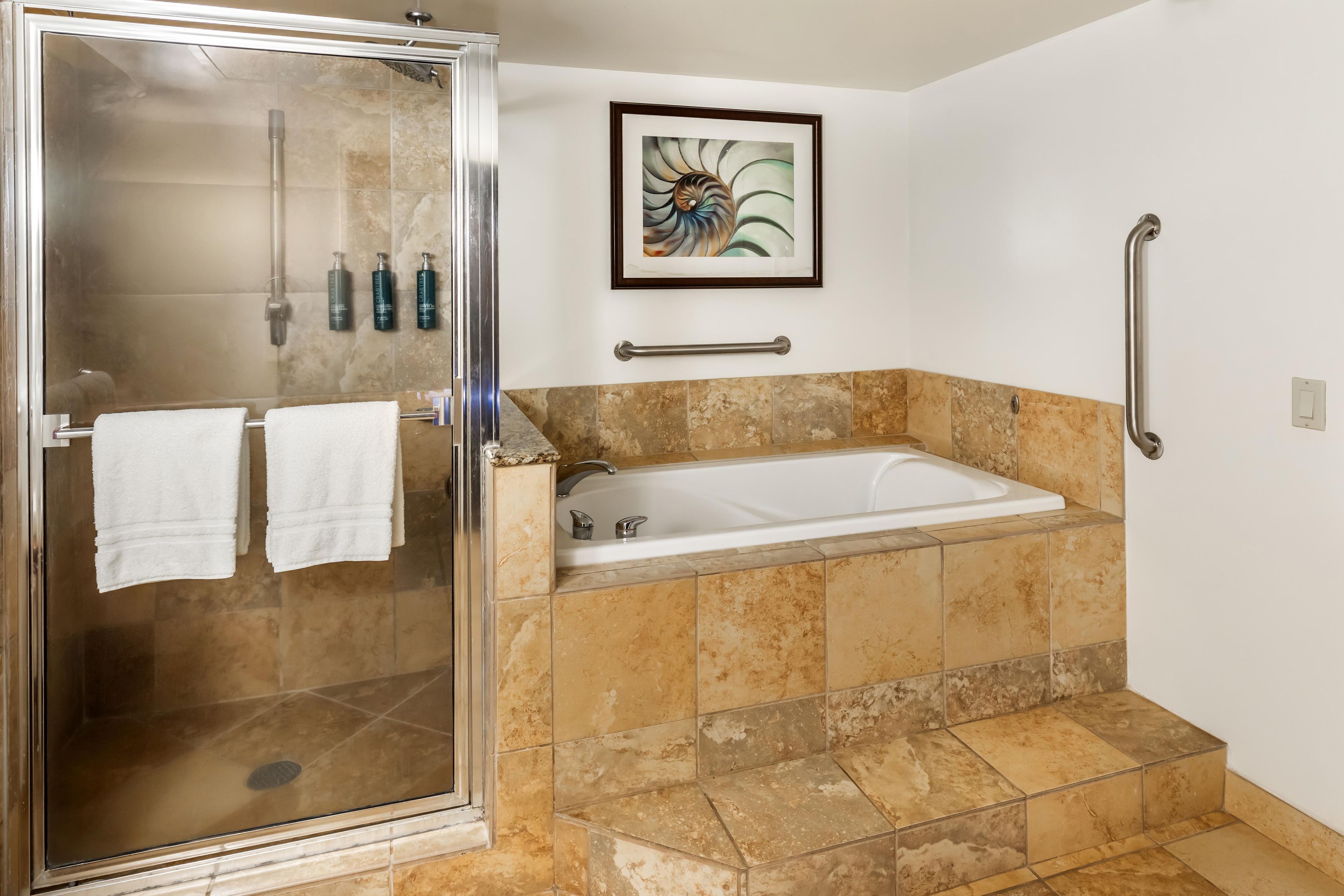 A bathroom with a glass shower enclosure, a bathtub, and a handrail.