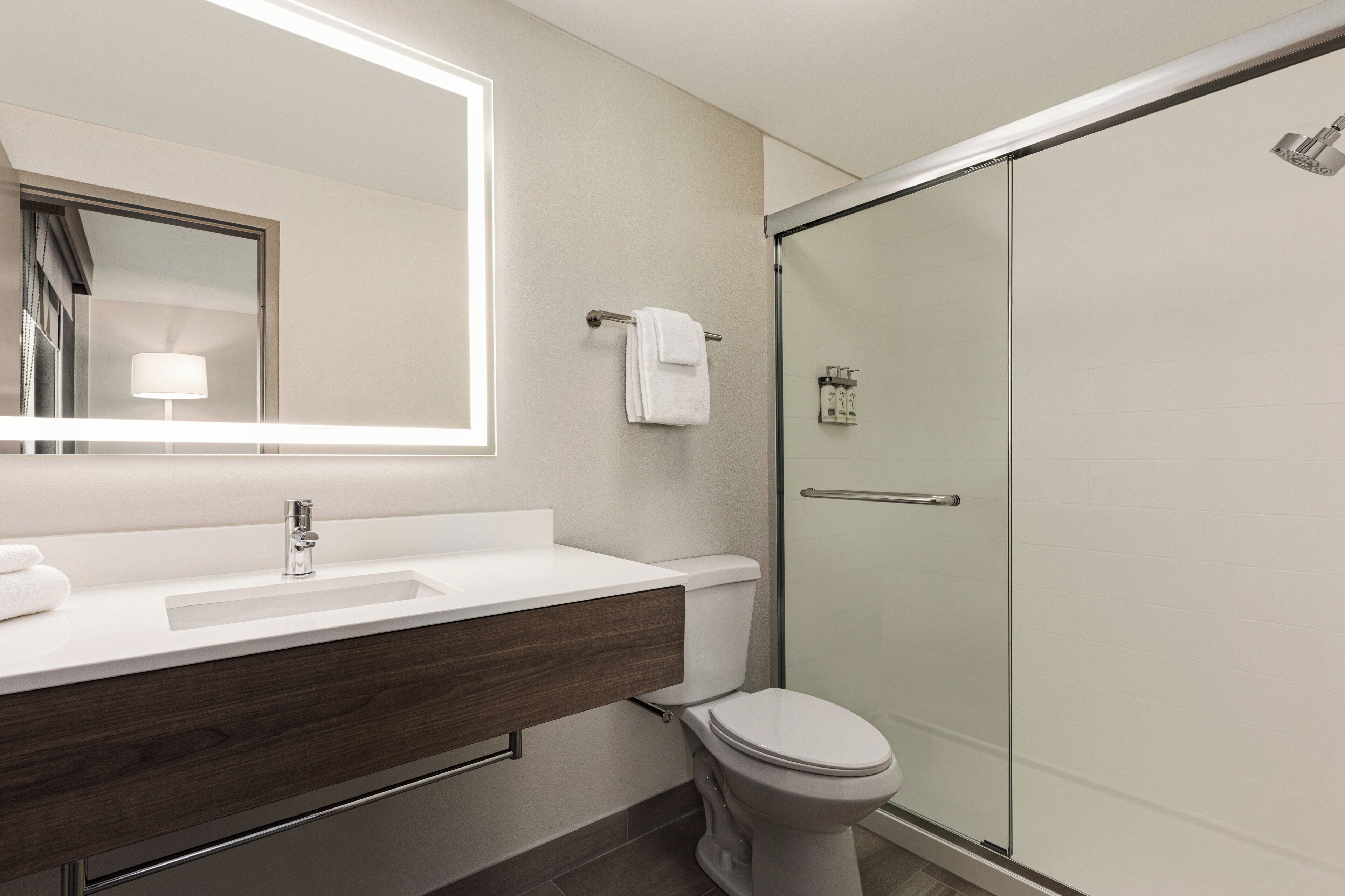 Une salle de bain moderne avec une douche à l’italienne en verre, un lavabo blanc avec un meuble-vasque en bois et un grand miroir.