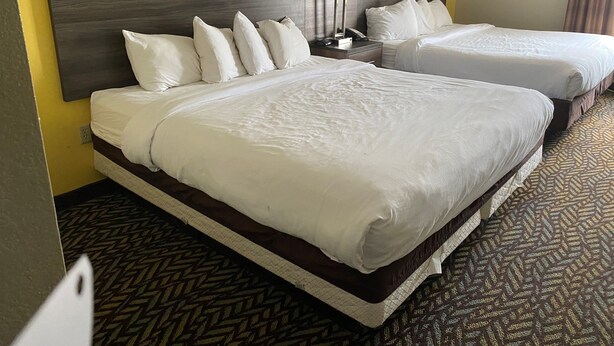 A hotel room with two beds, a wooden headboard, a bedside table with a lamp, and a patterned carpet. - Baymont by Wyndham Oklahoma City Airport (Oklahoma City)