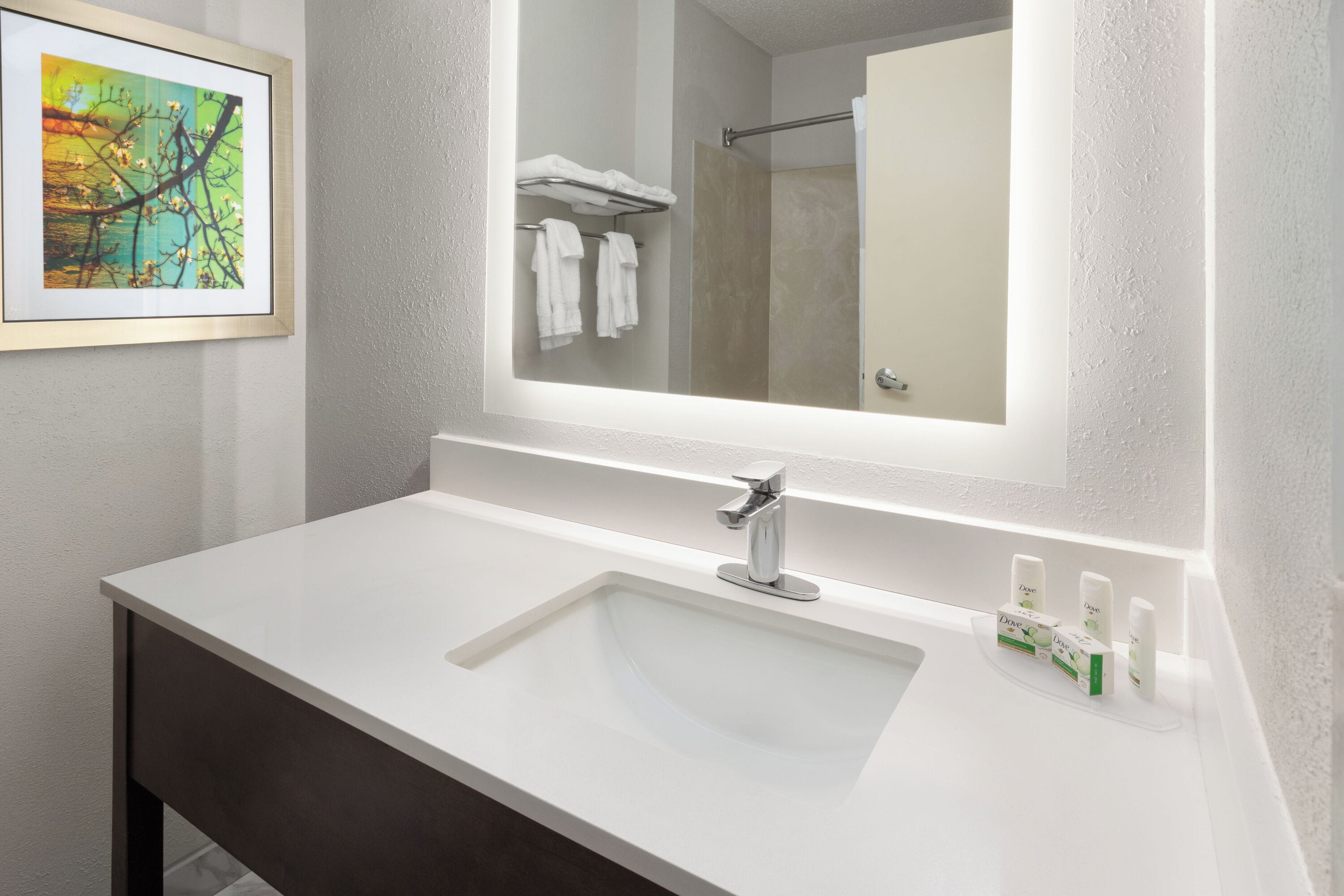 Een moderne badkamer met een wit wastafelmeubel, een grote spiegel en een foto in een lijst aan de muur.