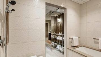 Combined shower/tub, free toiletries, hair dryer, towels