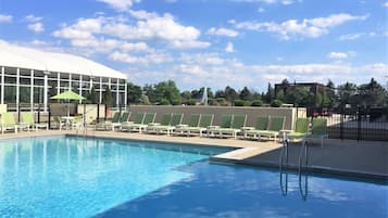 Indoor pool, seasonal outdoor pool, pool umbrellas, sun loungers