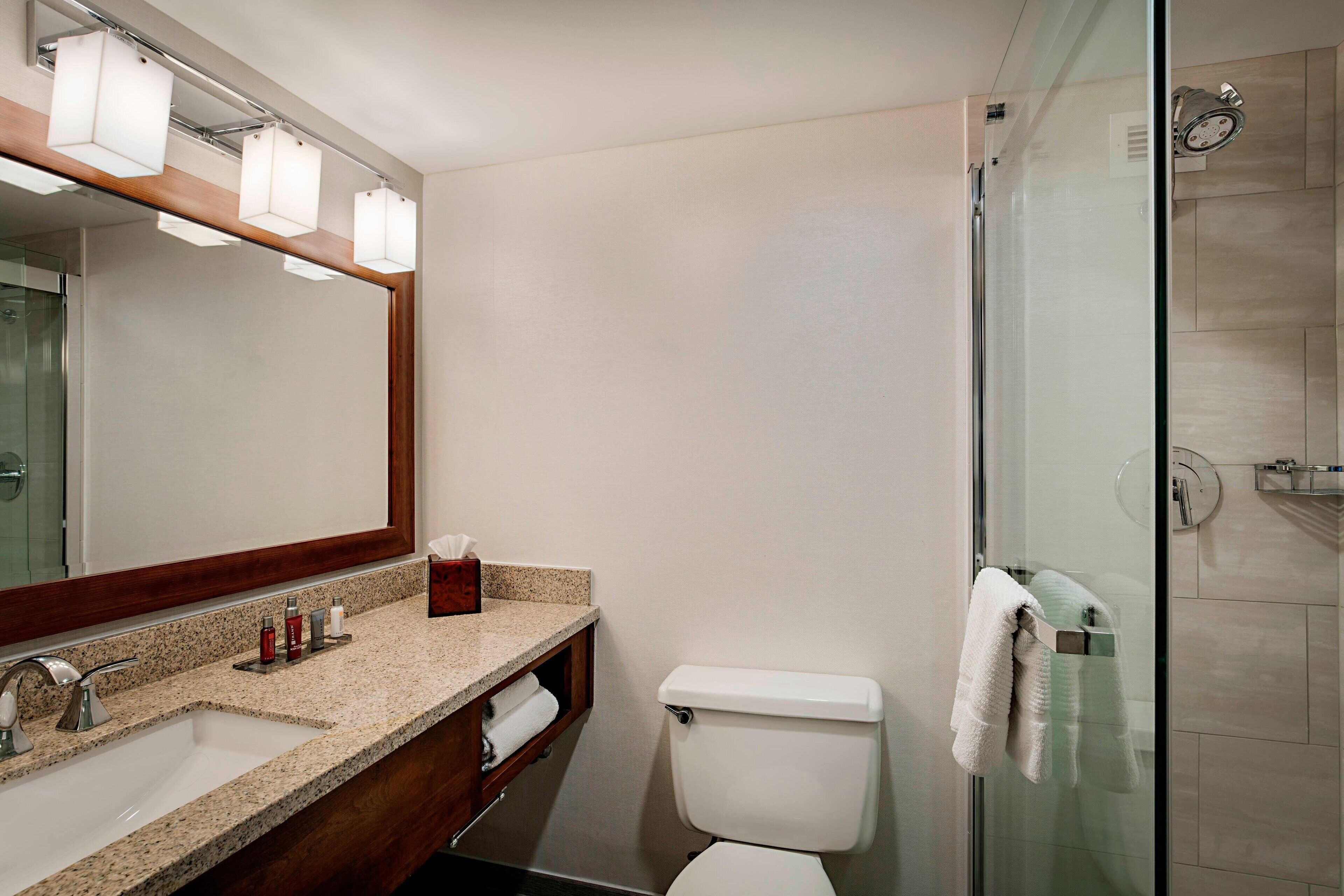 A modern bathroom with a granite countertop, a large mirror, a toilet, and a glass-enclosed shower.