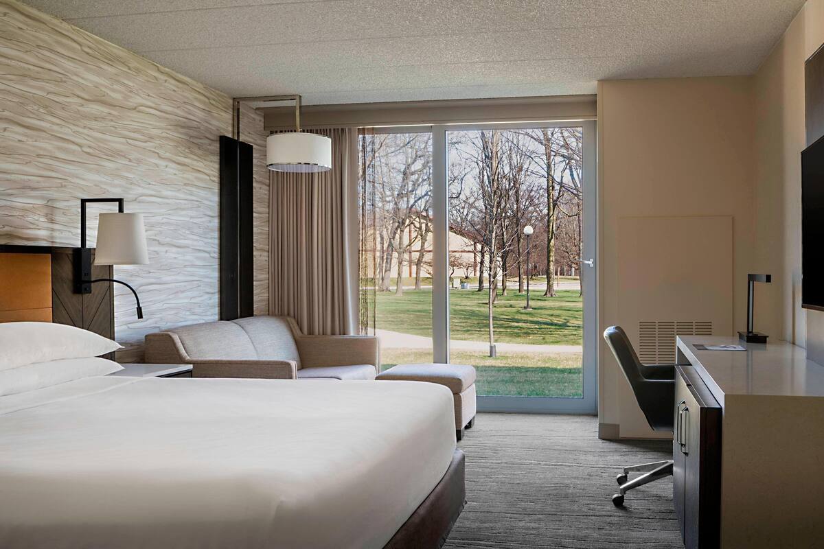 A hotel room with a large bed, a desk, a chair, and a view of the outdoors.