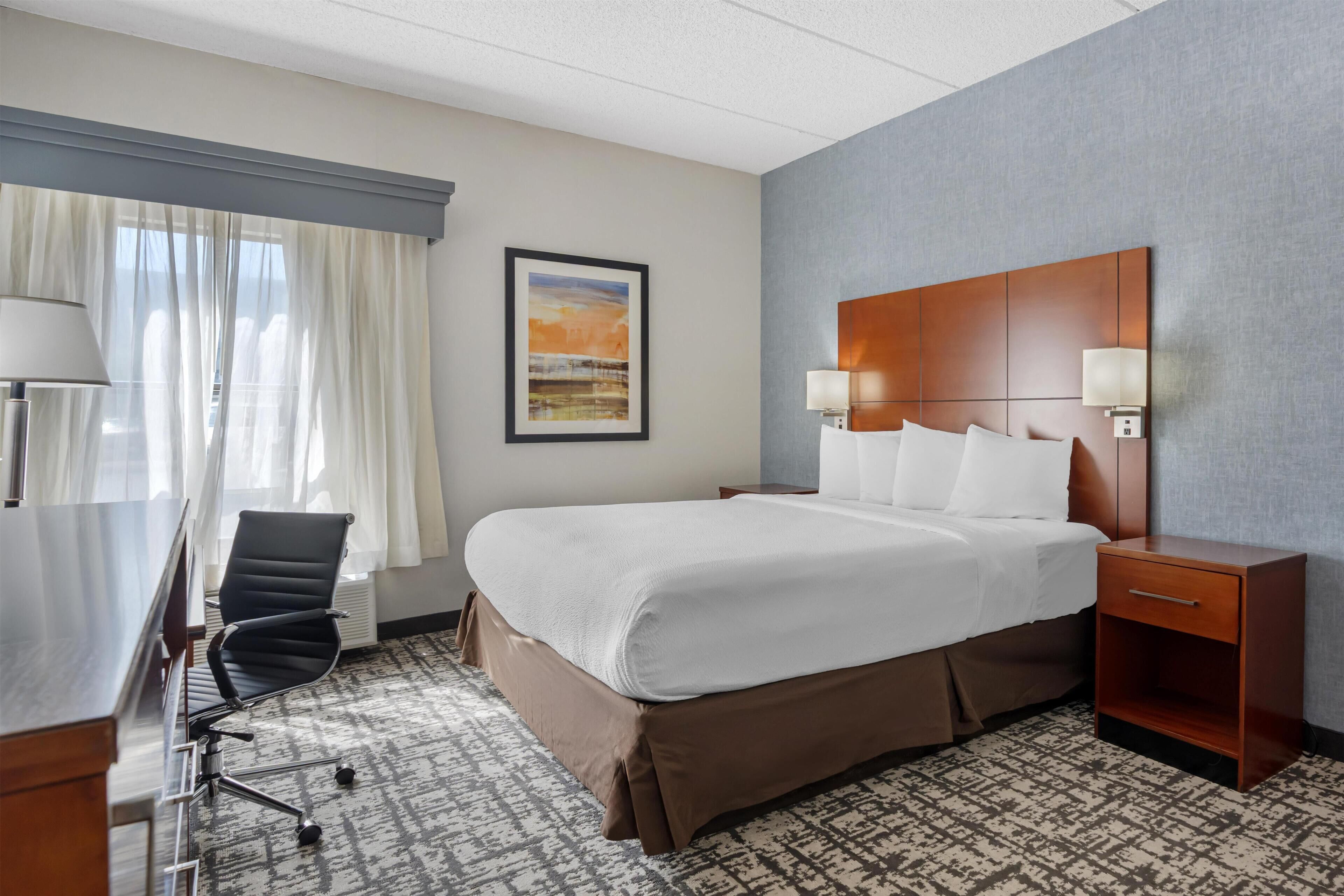 Een hotelkamer met een bed, bureau, stoel en een ingelijst foto aan de muur.
