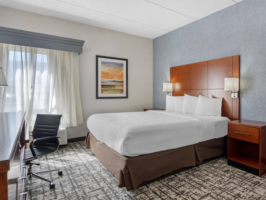 Een hotelkamer met een bed, bureau, stoel en een ingelijst foto aan de muur.