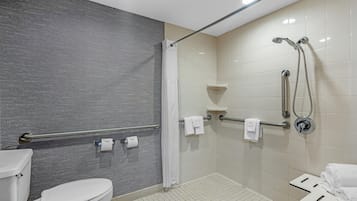 A modern bathroom with a toilet, shower, and grab bars.