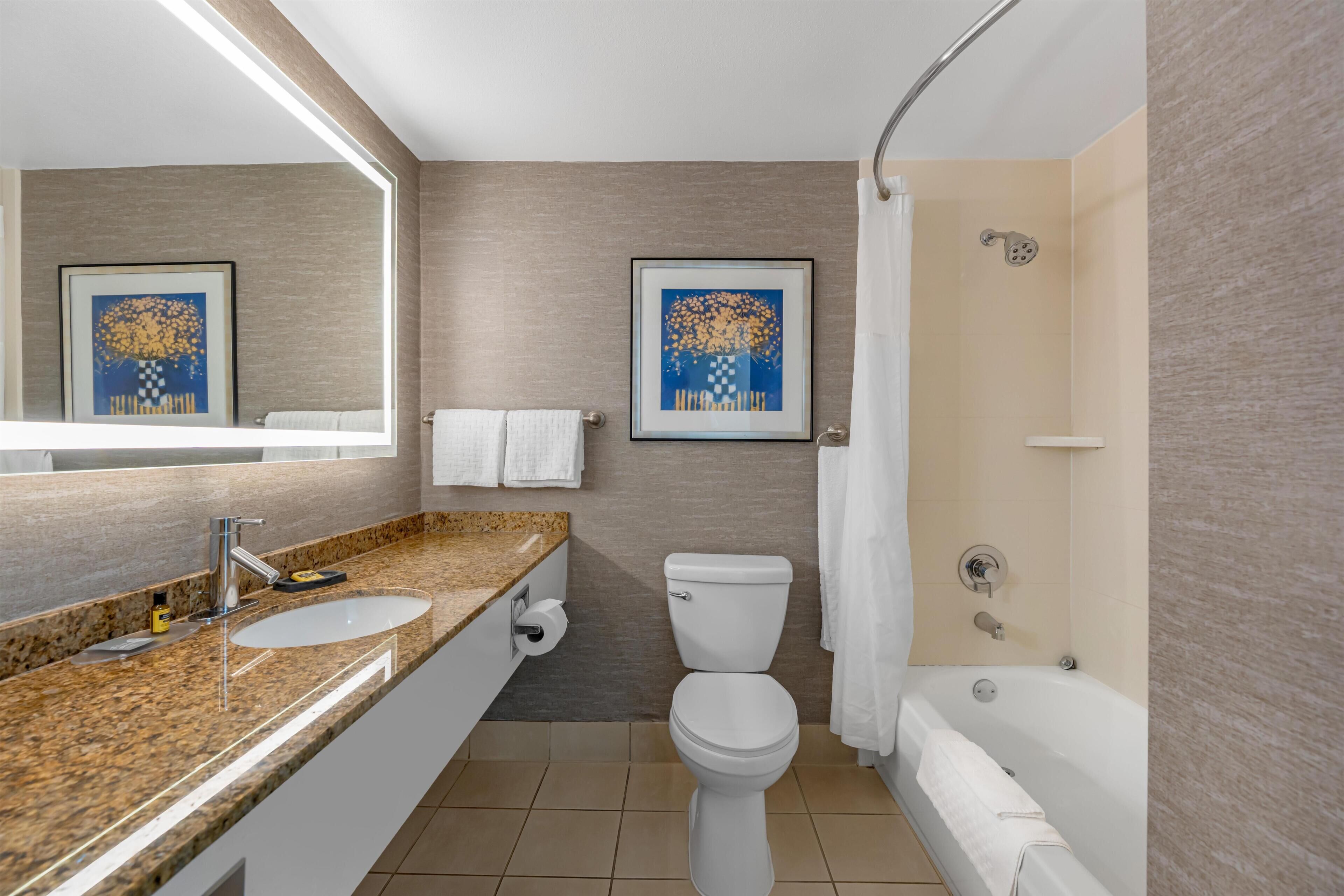 A modern bathroom with a granite countertop sink, a toilet, a bathtub, and two framed artworks on the wall.