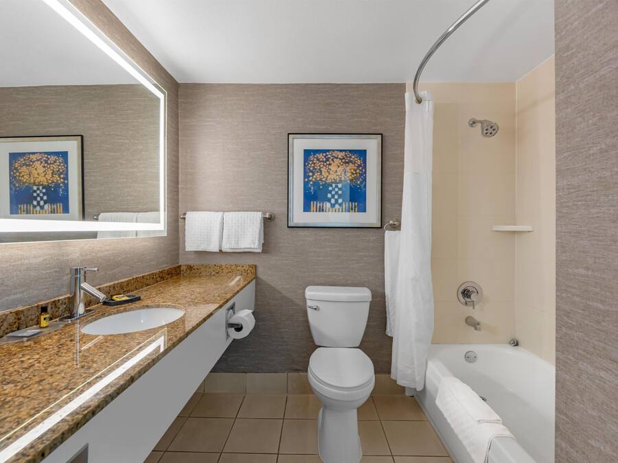 A modern bathroom with a granite countertop sink, a toilet, a bathtub, and two framed artworks on the wall.