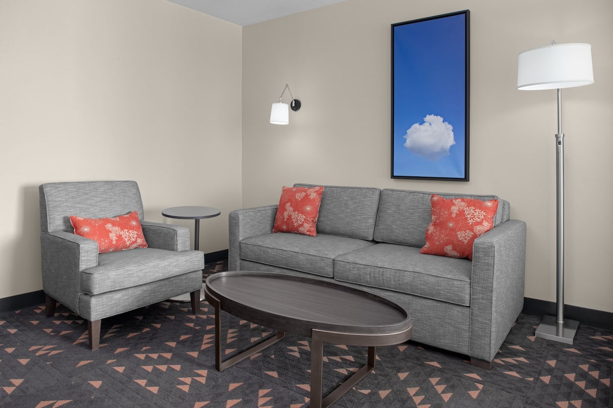 Una habitación de hotel moderna con un sofá gris, un sillón gris, una mesita redonda pequeña y una lámpara de pie.