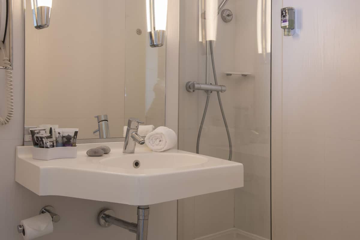 shower, eco-friendly toiletries, hair dryer, towels