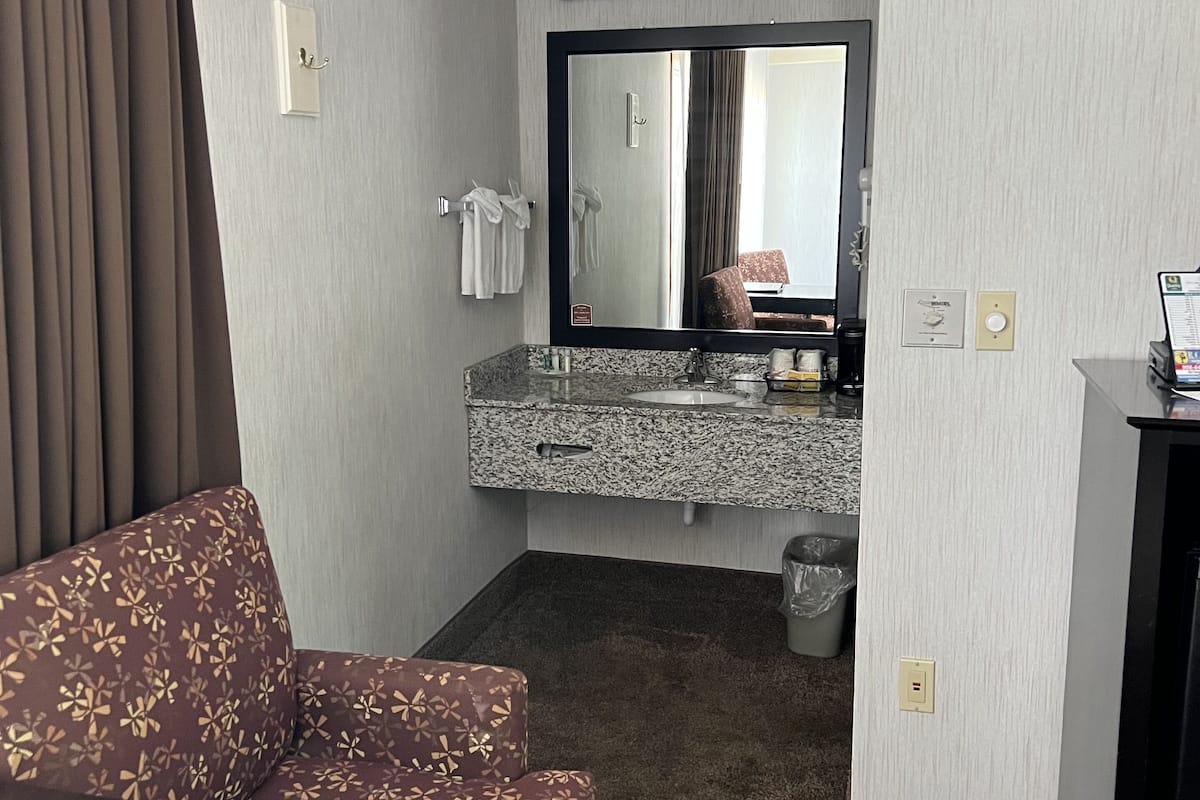 combined shower/bathtub, free toiletries, hair dryer, towels