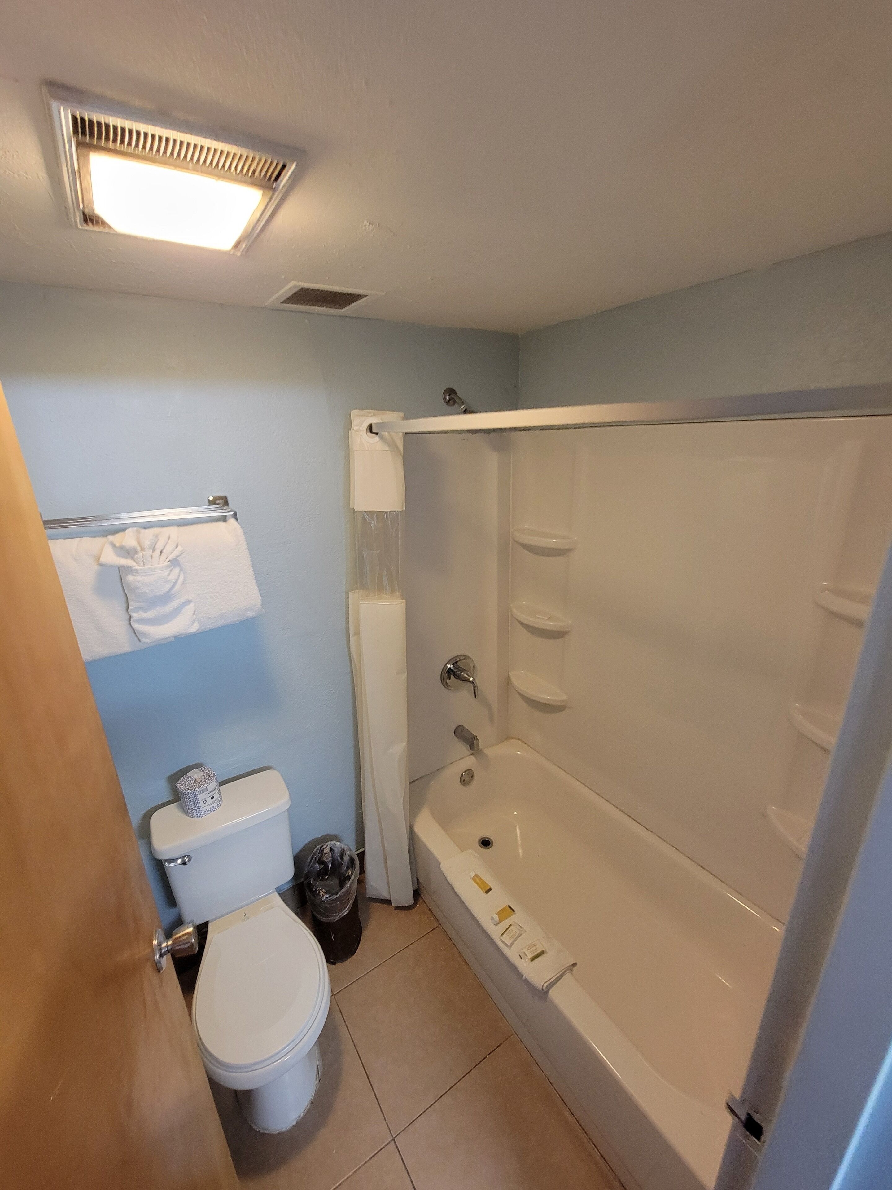 A bathroom with a toilet, a bathtub, and a shower.