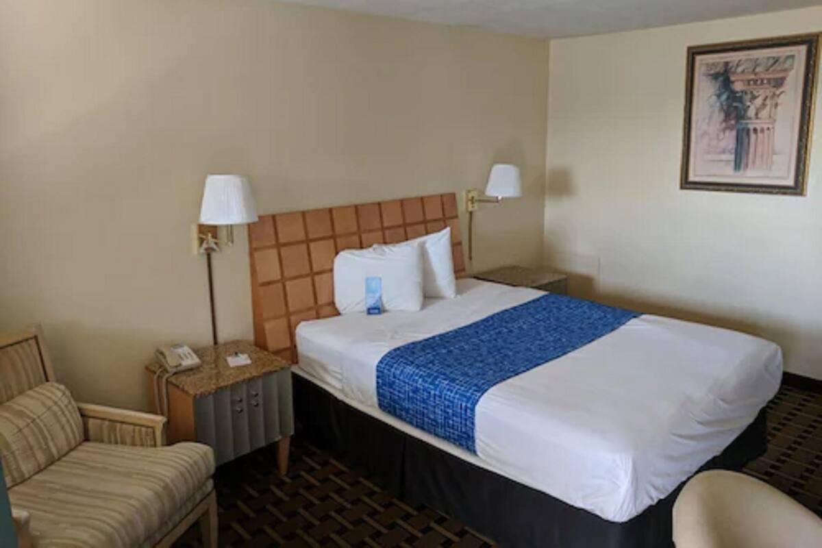 Habitación de hotel con una cama, dos lámparas de noche, una mesita de noche con un teléfono, una silla y un cuadro en la pared.