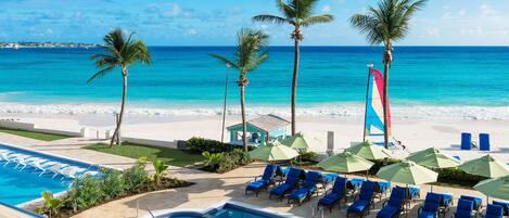 A pool area with lounge chairs and umbrellas, a palm tree, and a view of the ocean.
