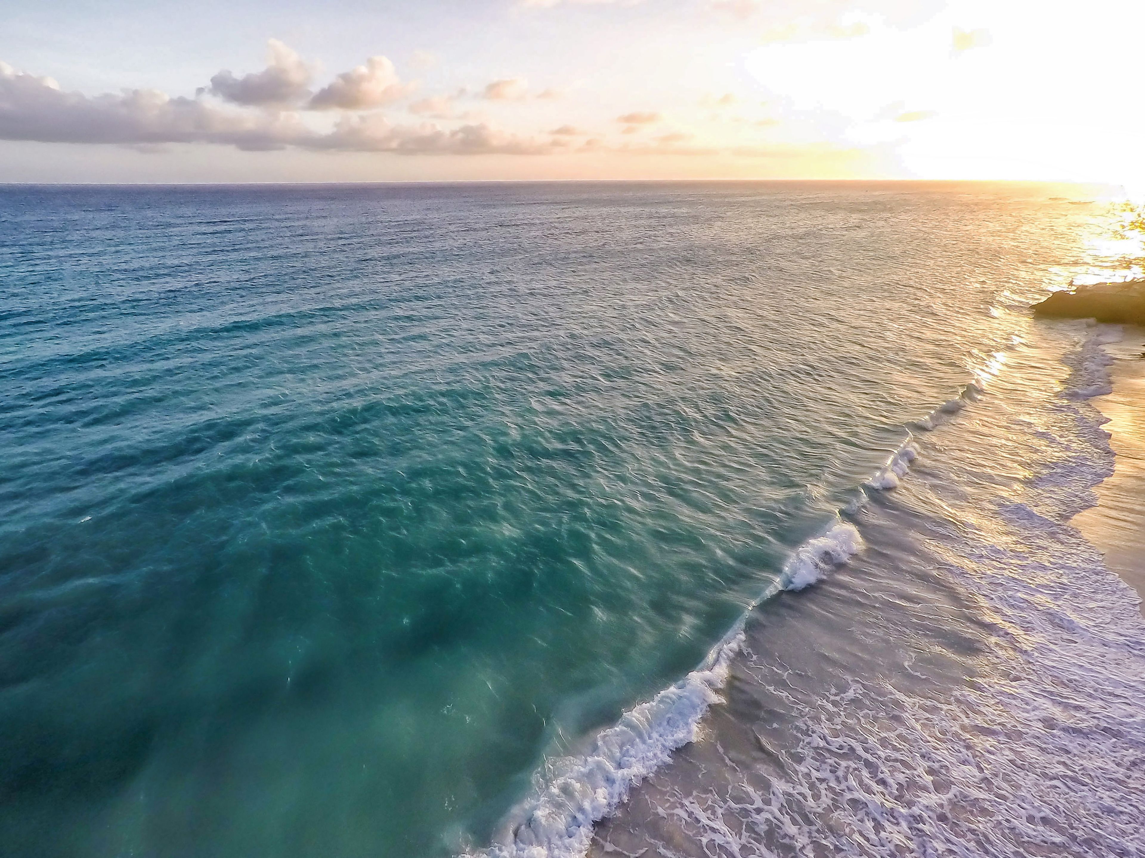 Une plage aux eaux turquoise et limpides, bordée d’un rivage sablonneux.