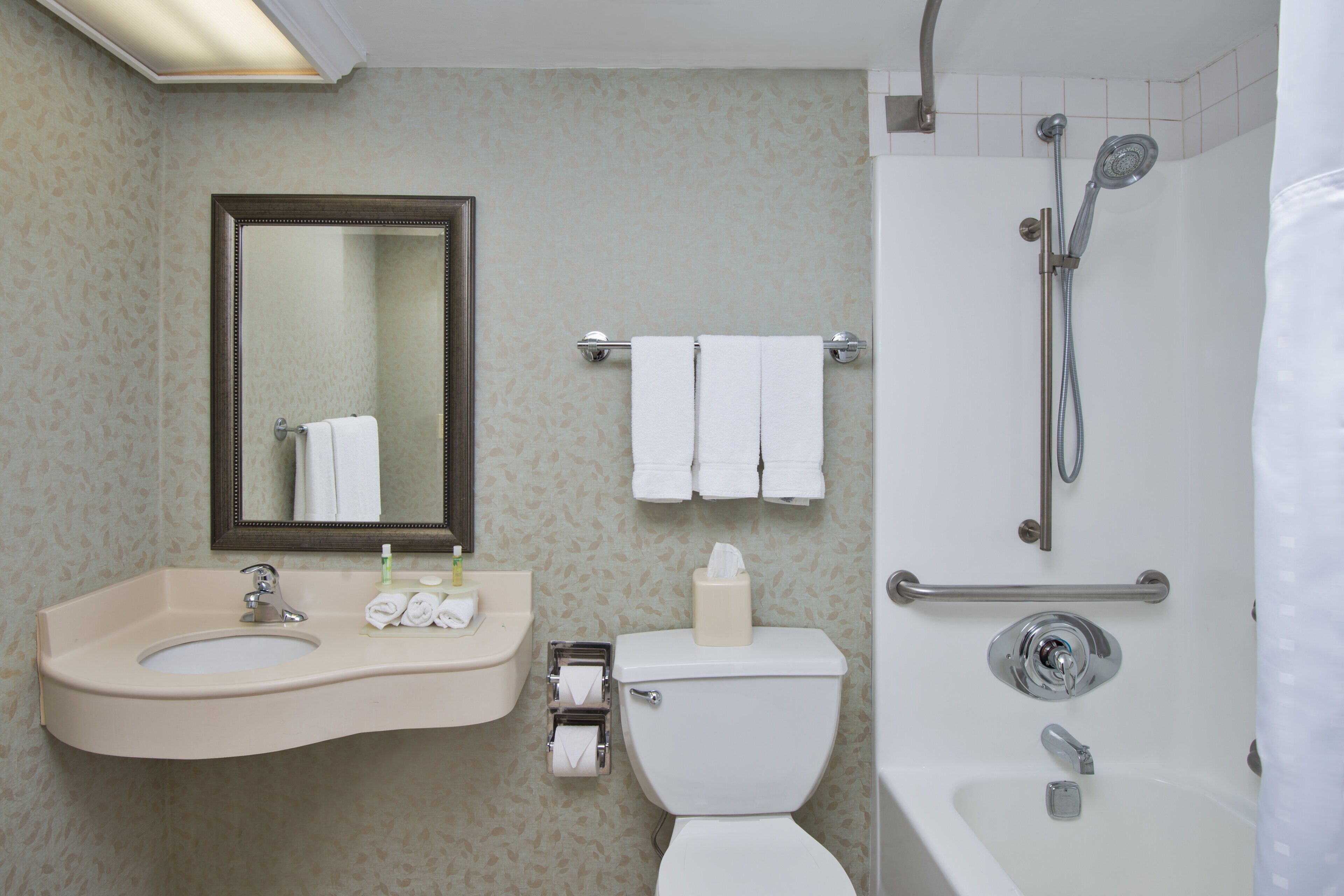 A bathroom with a sink, mirror, toilet, and shower.