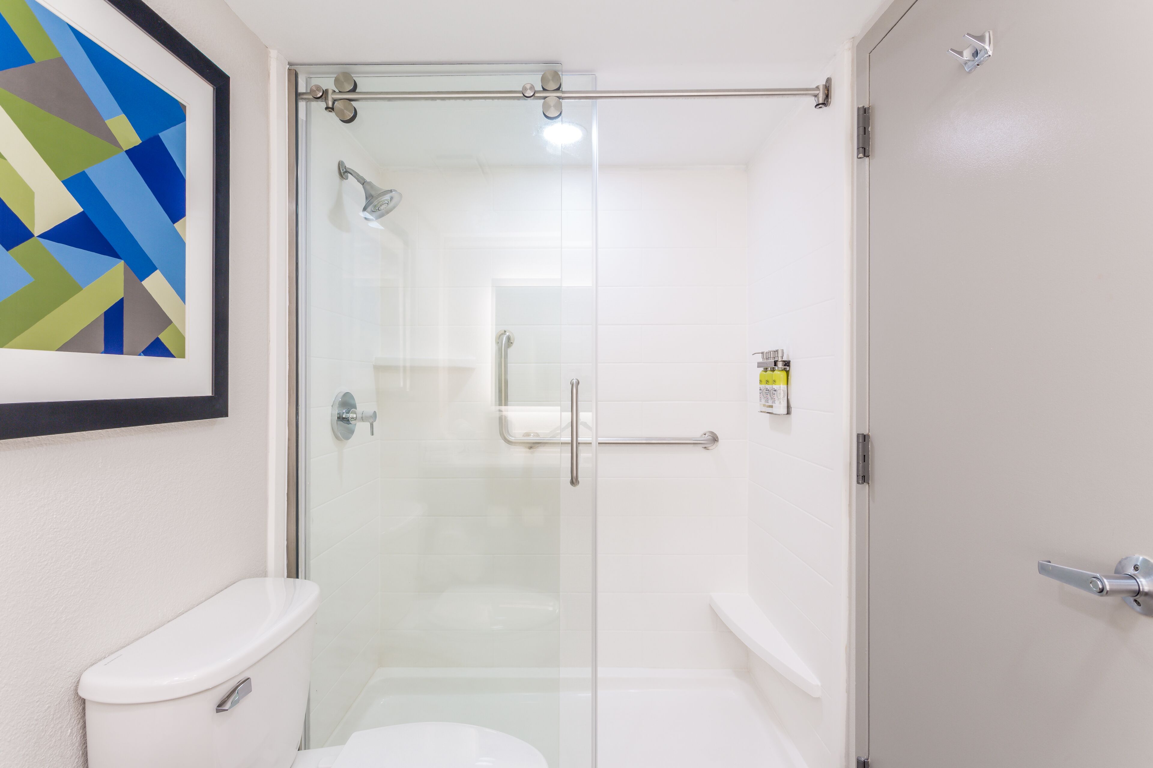 A modern bathroom with a glass-enclosed shower, a white toilet, and a framed abstract painting on the wall.