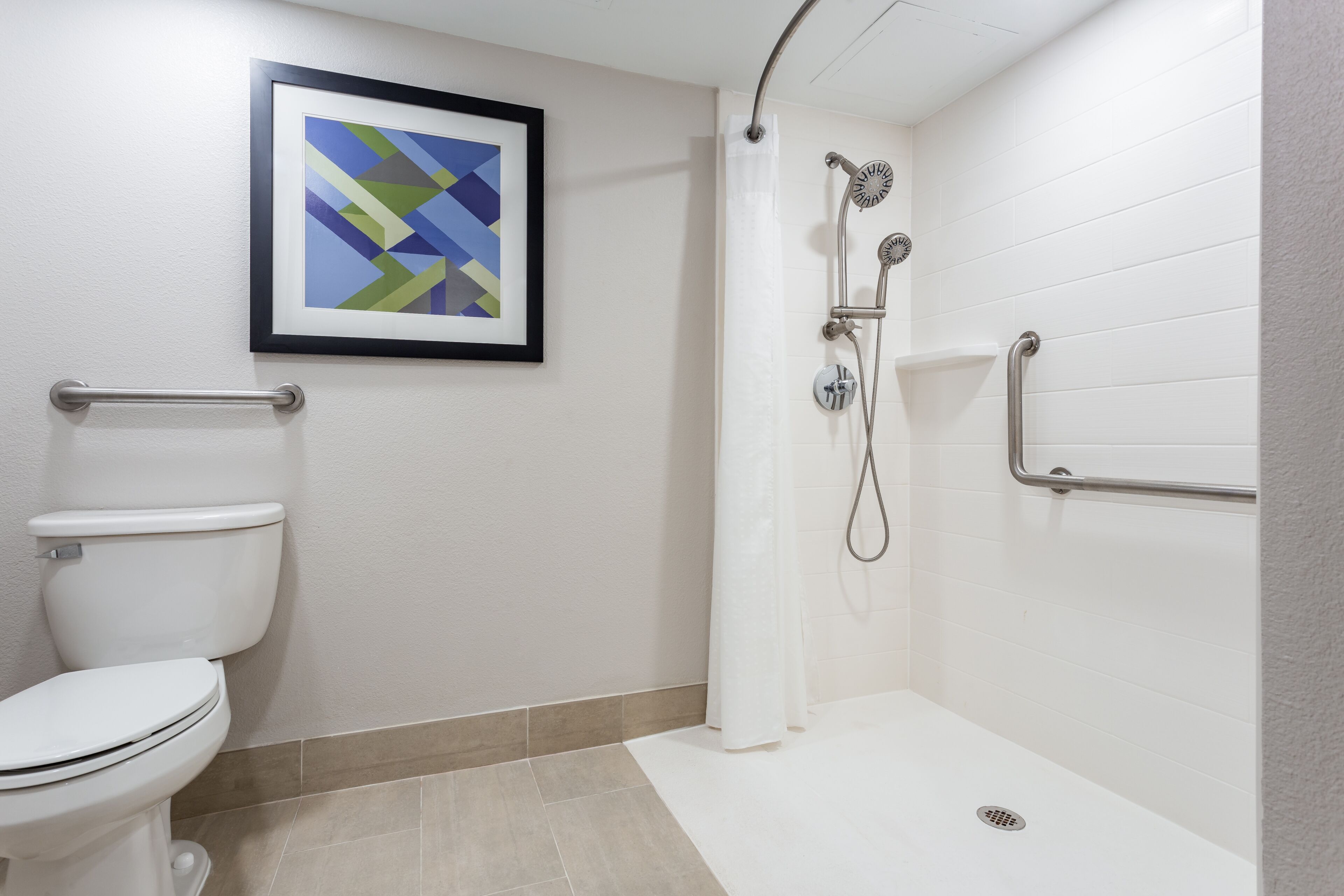 Un baño con inodoro, ducha con barras de apoyo y una obra de arte abstracto enmarcada en la pared.