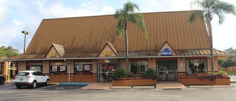 Un hôtel à Tampa avec un toit en métal brun, des palmiers et un parking.