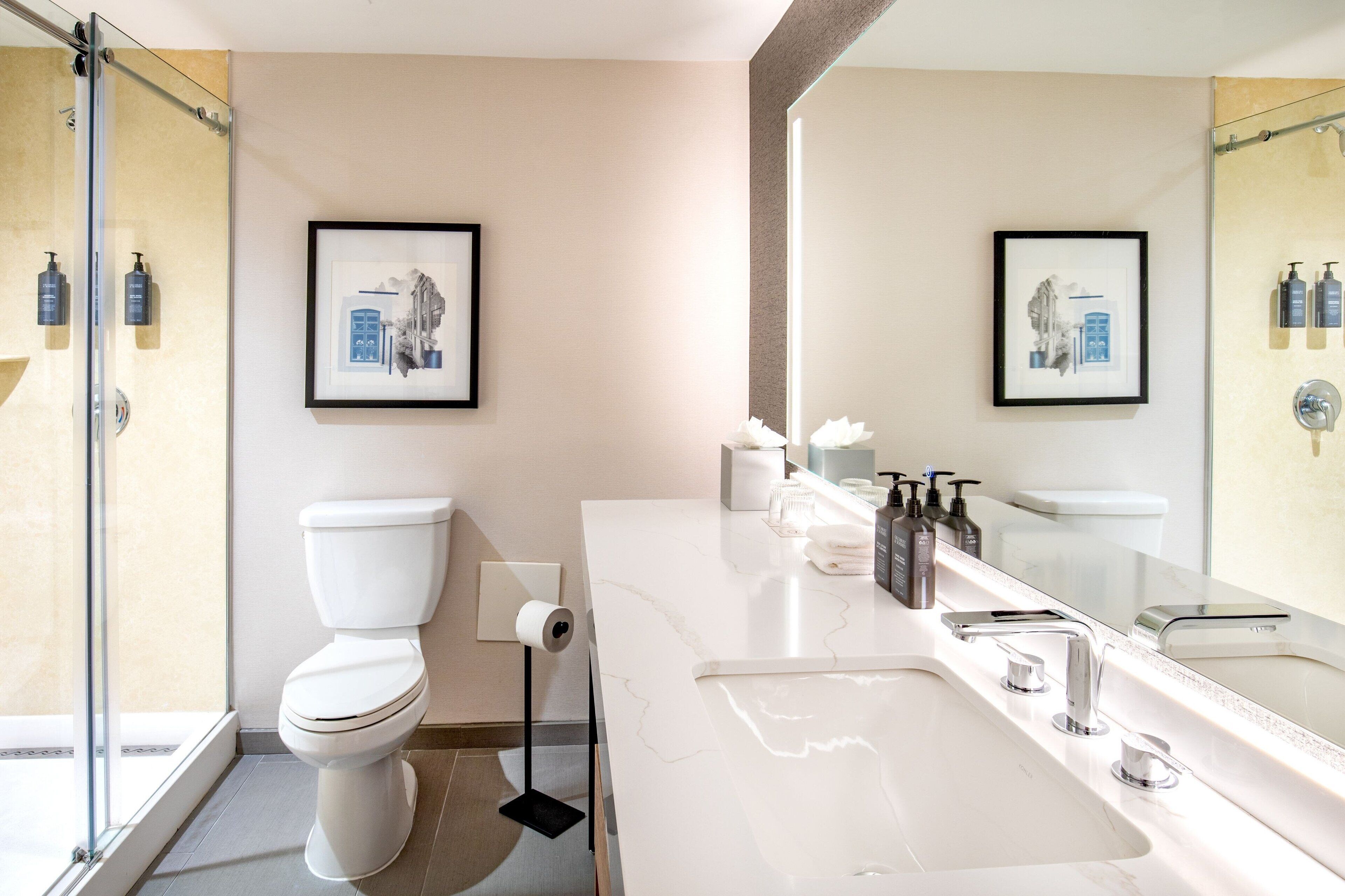 Un baño moderno con inodoro, lavamanos y ducha. Hay fotografías enmarcadas en la pared y artículos de aseo en el mostrador.