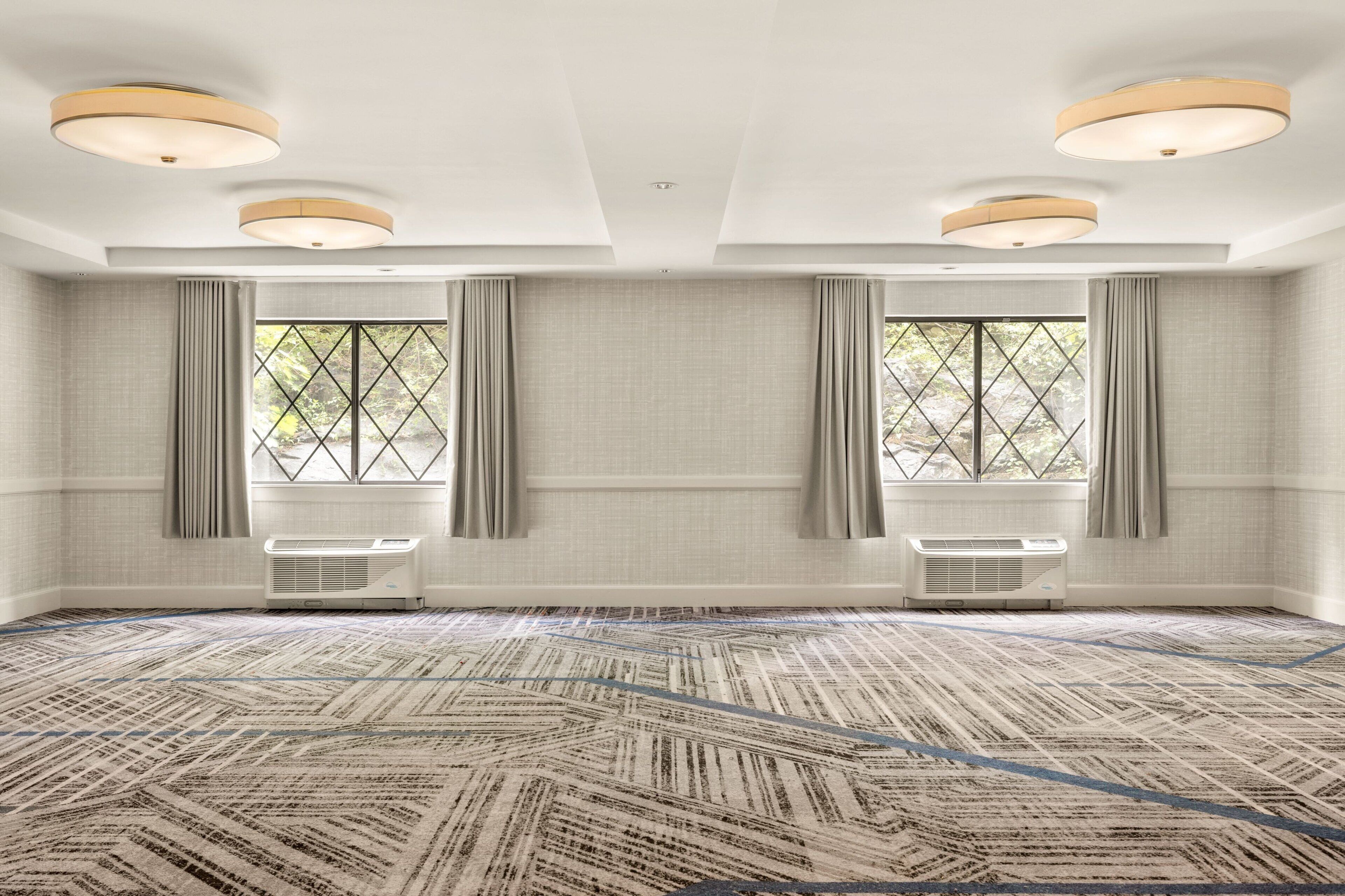 A large, empty conference room with a patterned carpet, two air conditioning units, and a window with a view of greenery.