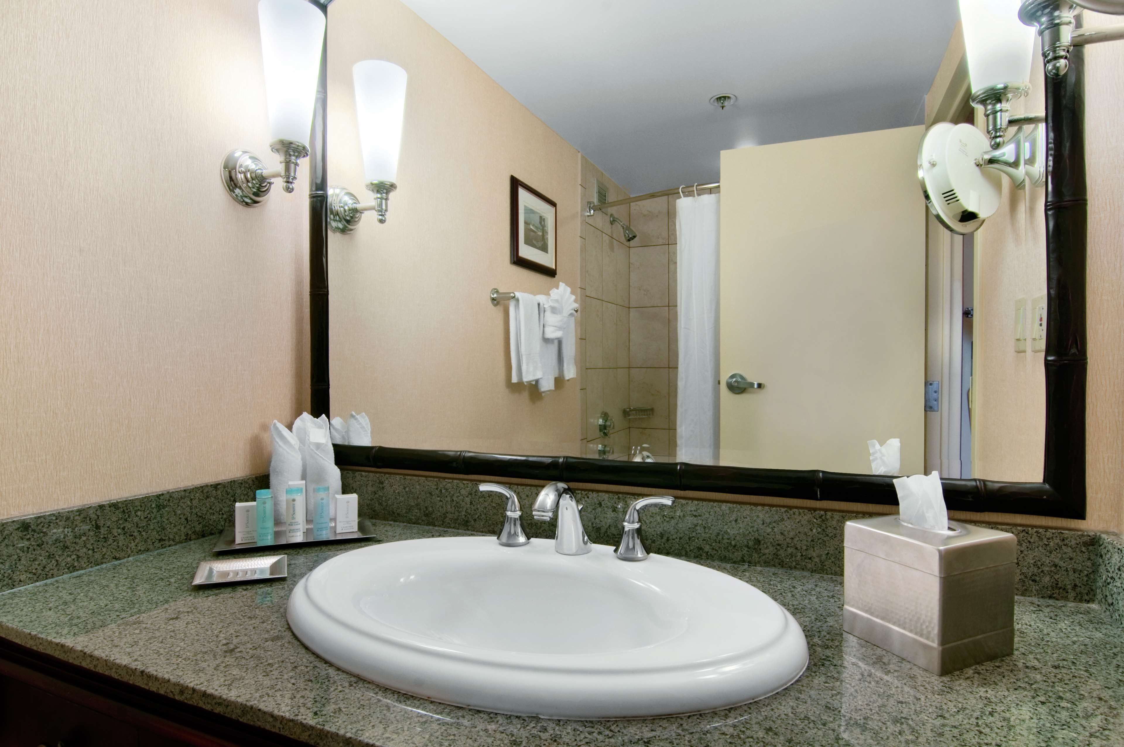 Ein Hotelbad mit einem großen Waschbecken, zwei Wasserhähnen, einem Spiegel, einem Handtuchhalter und einem Fön.