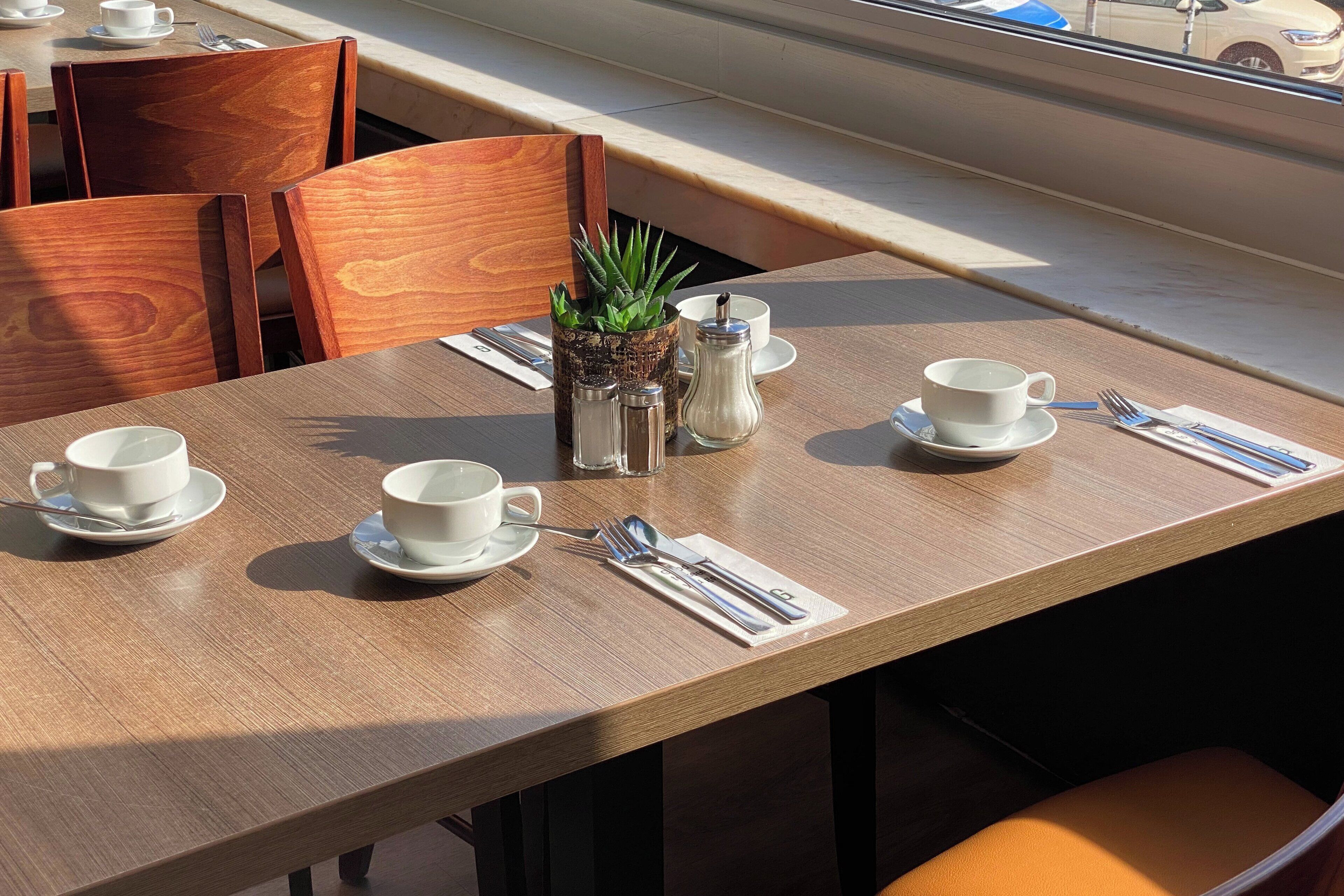 A neatly set dining table with white cups, saucers, and cutlery, a small potted plant, and salt and pepper shakers.