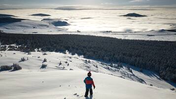 A snowy landscape with a person standing on a slope.