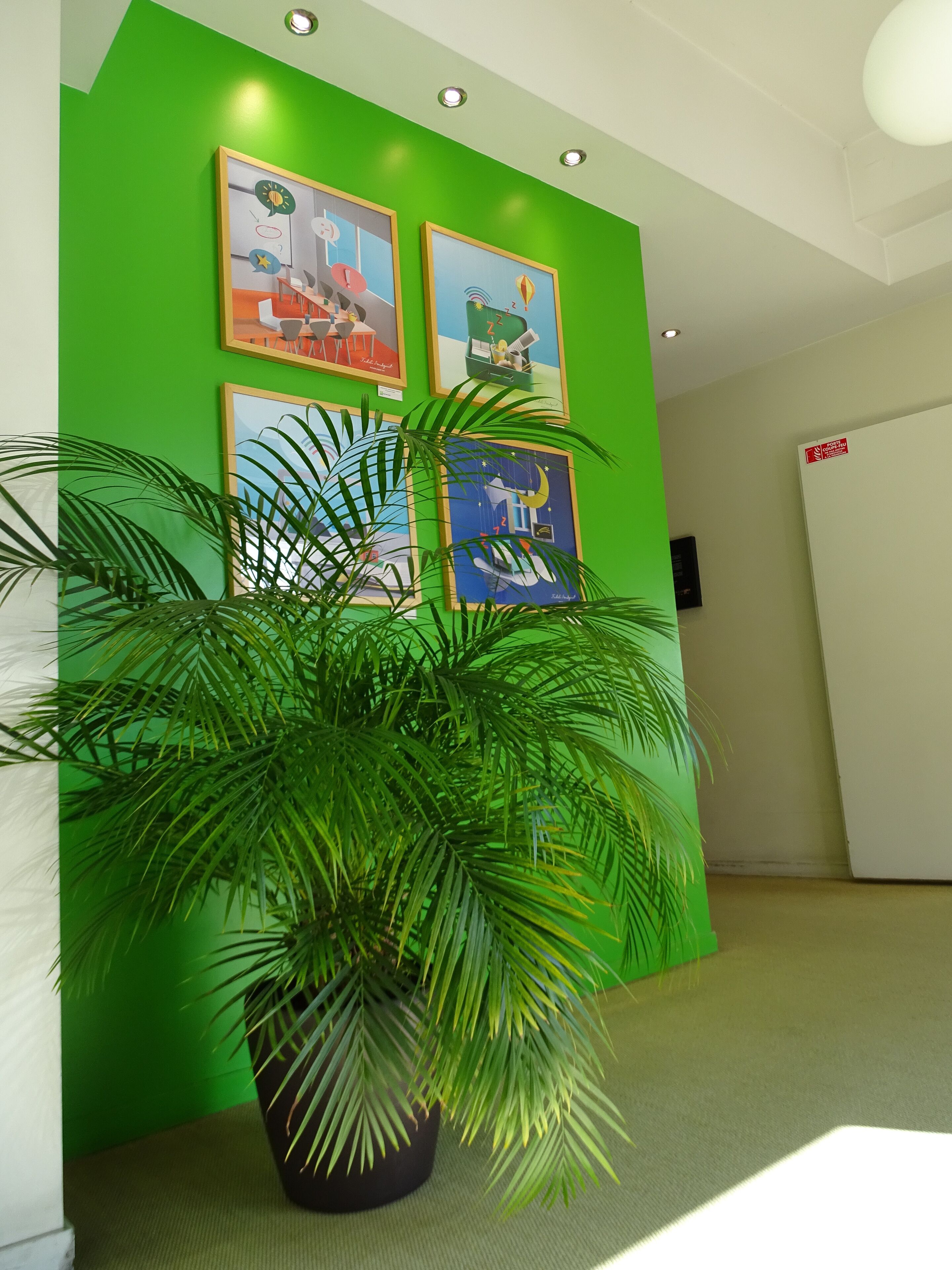 A hallway with green walls, a potted plant, and framed artwork.