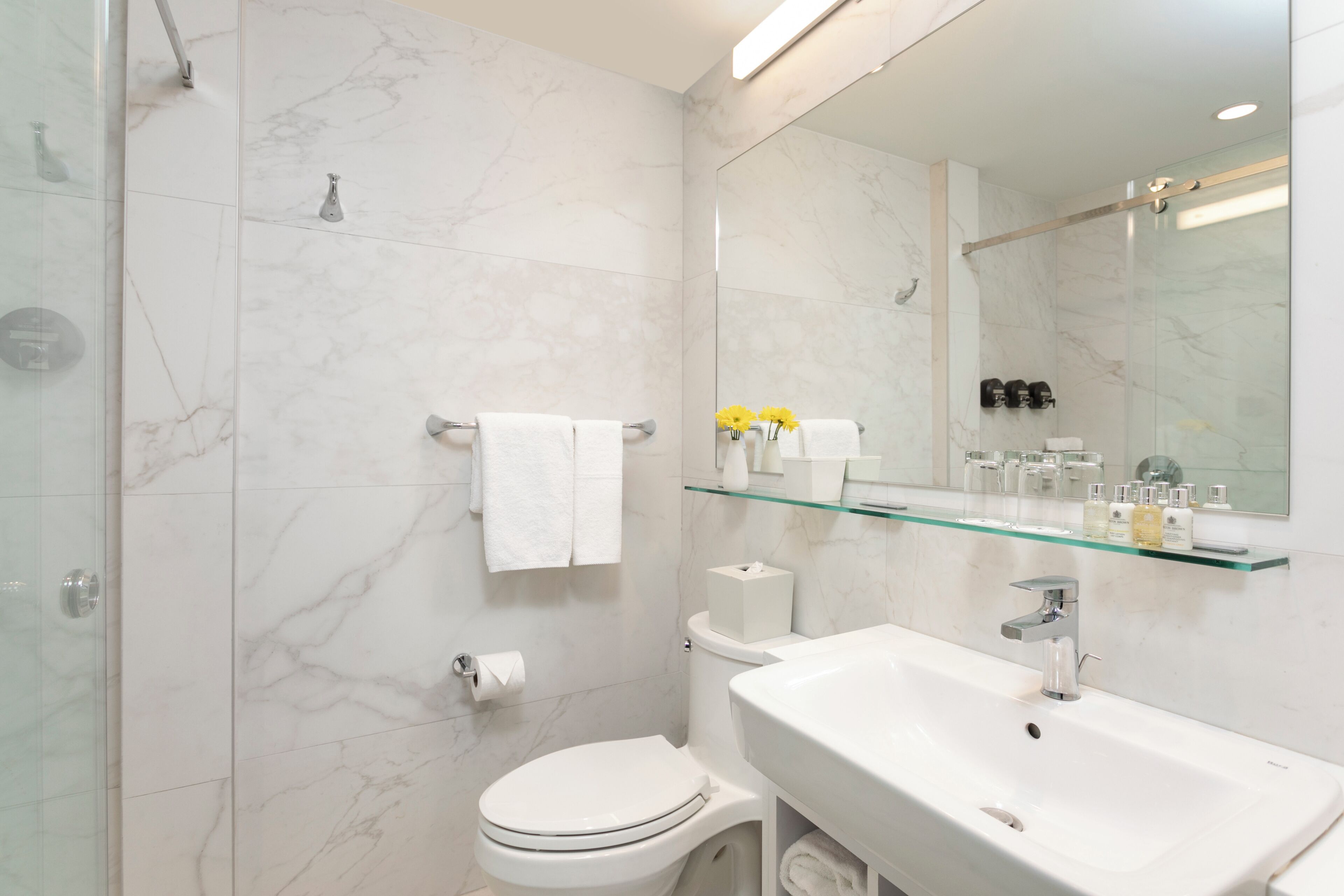 Une salle de bain moderne avec une douche à parois de verre, des toilettes blanches, un lavabo avec un miroir au-dessus et une étagère en verre où sont rangés les articles de toilette.