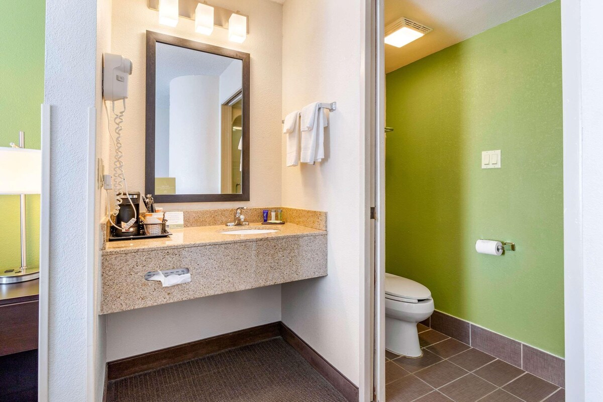 A bathroom with a sink, mirror, and toilet.