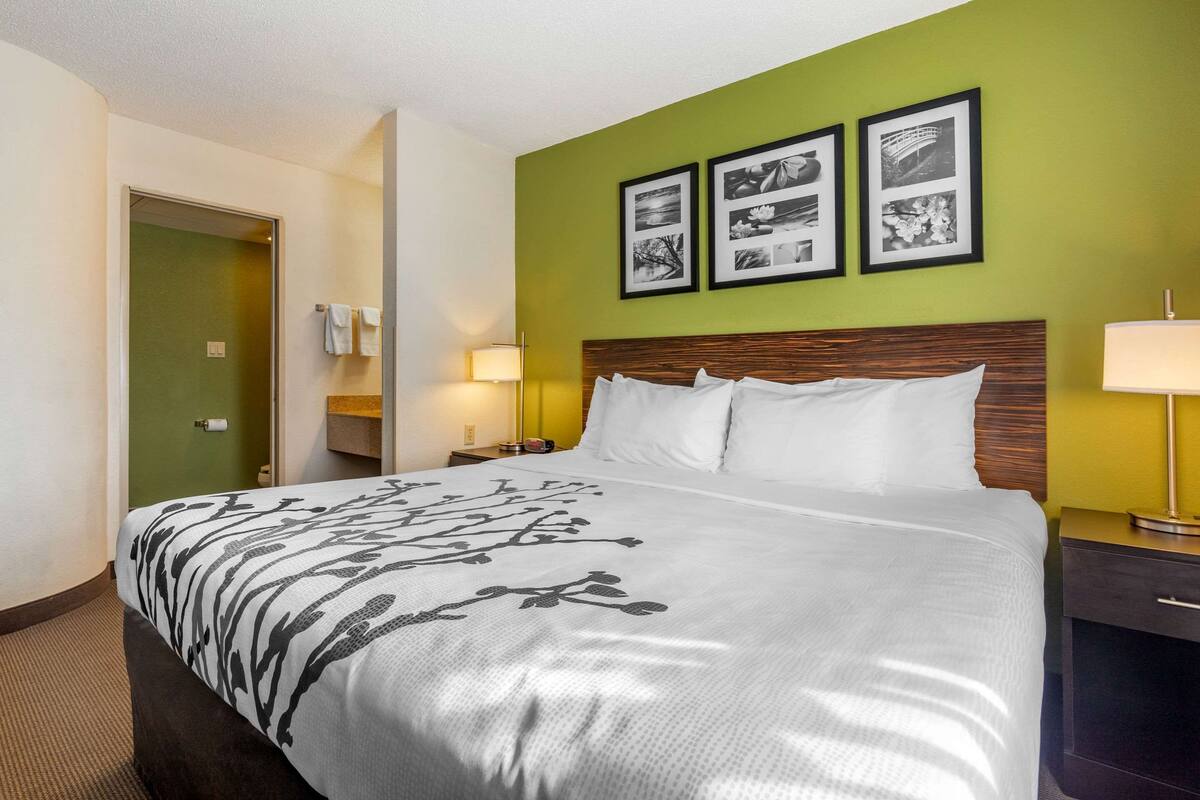 A hotel room with a large bed, a wooden headboard, a nightstand with a lamp, and a green wall with framed pictures.