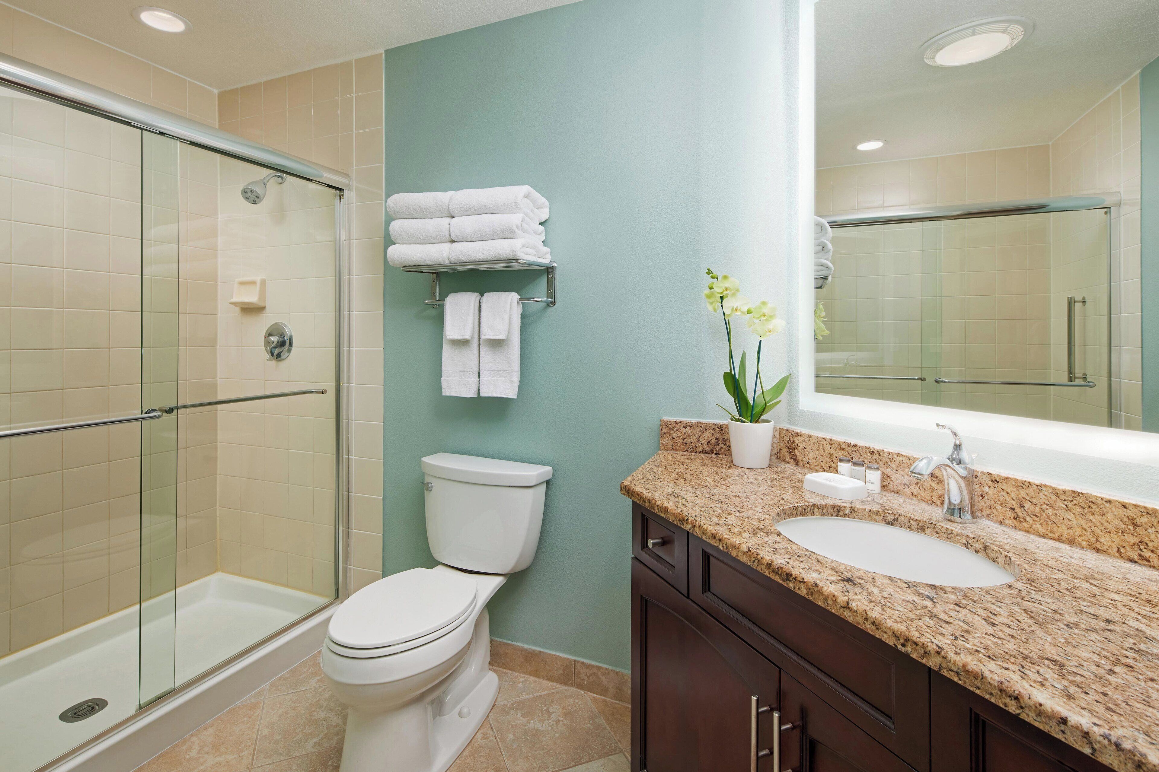 Un baño con cabina de ducha de vidrio, inodoro blanco, lavabo con encimera de granito y espejo sobre el lavabo.