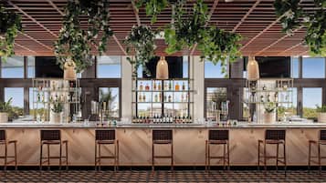 A bar area with multiple shelves of liquor bottles, hanging plants, and bar stools.