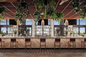 Zona de bar con varias estanterías llenas de botellas de licores, plantas colgantes y taburetes de bar.