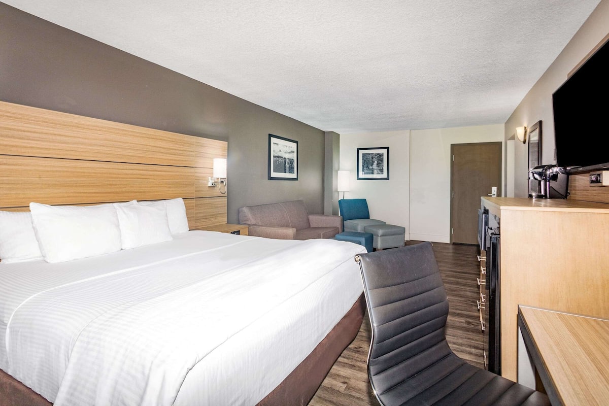 A hotel room with a large bed, a desk with a computer, a chair, and a television.