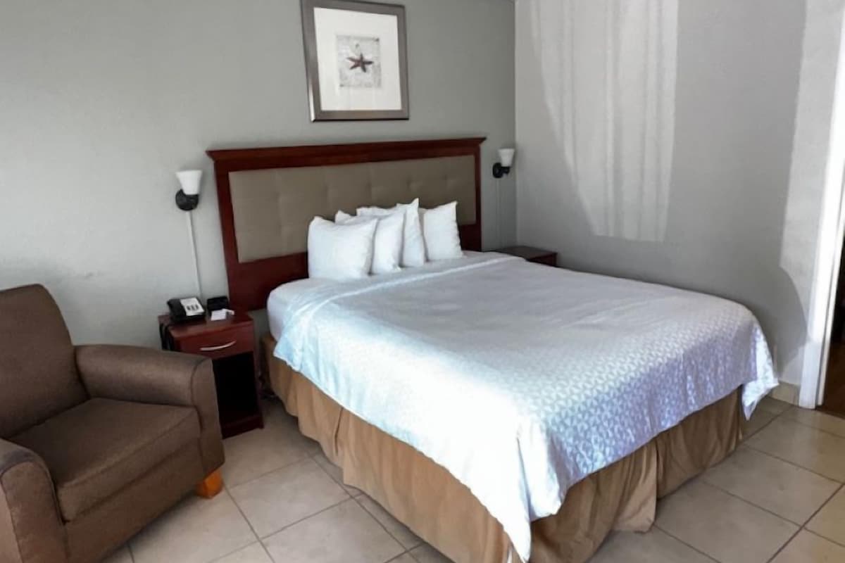 A hotel room with a large bed, a brown armchair, a bedside table with a phone, and a framed picture on the wall.