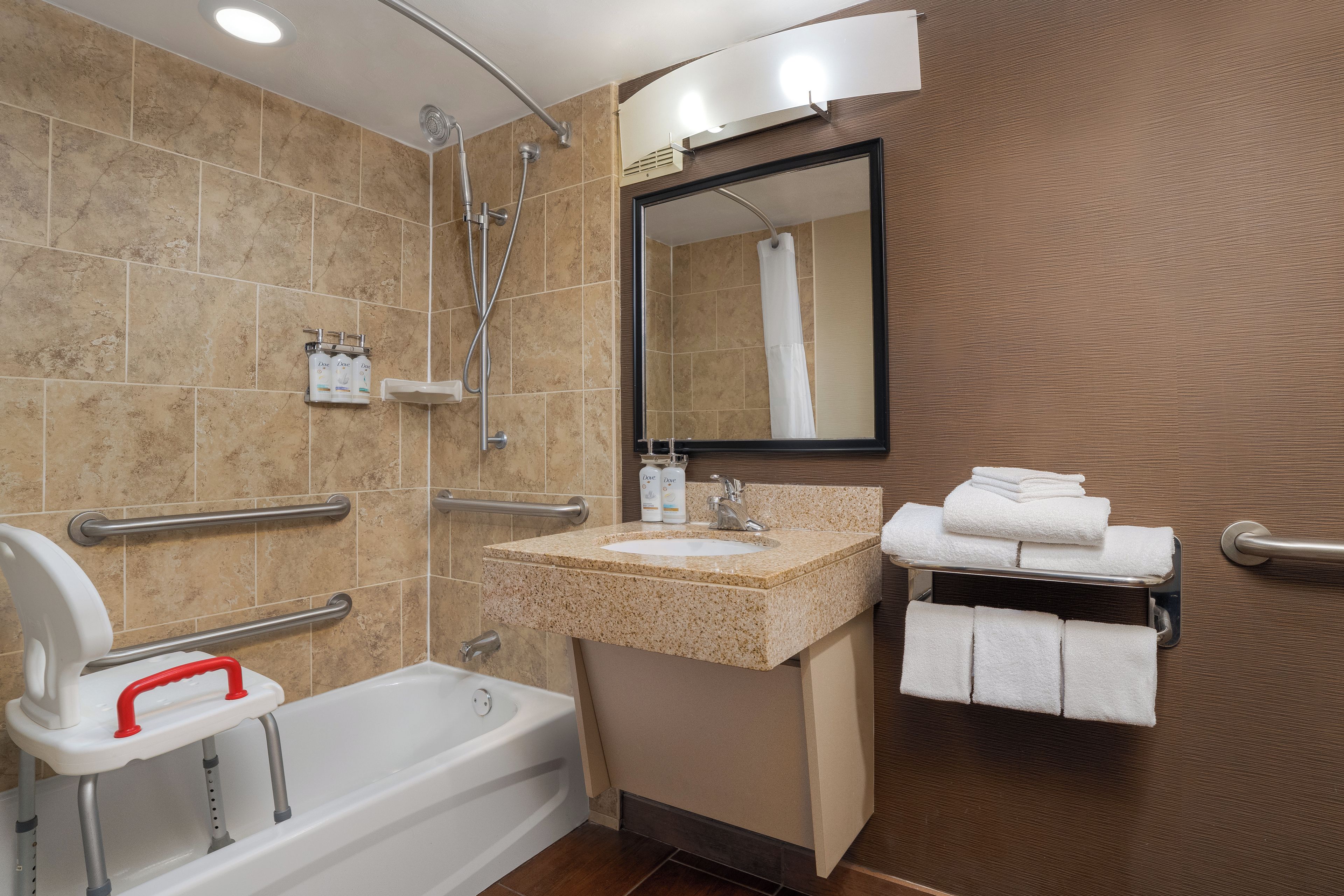 Une salle de bain moderne équipée d’une baignoire, d’un lavabo et d’une douche. Des barres d’appui et une barre de maintien sont installées pour plus de sécurité.