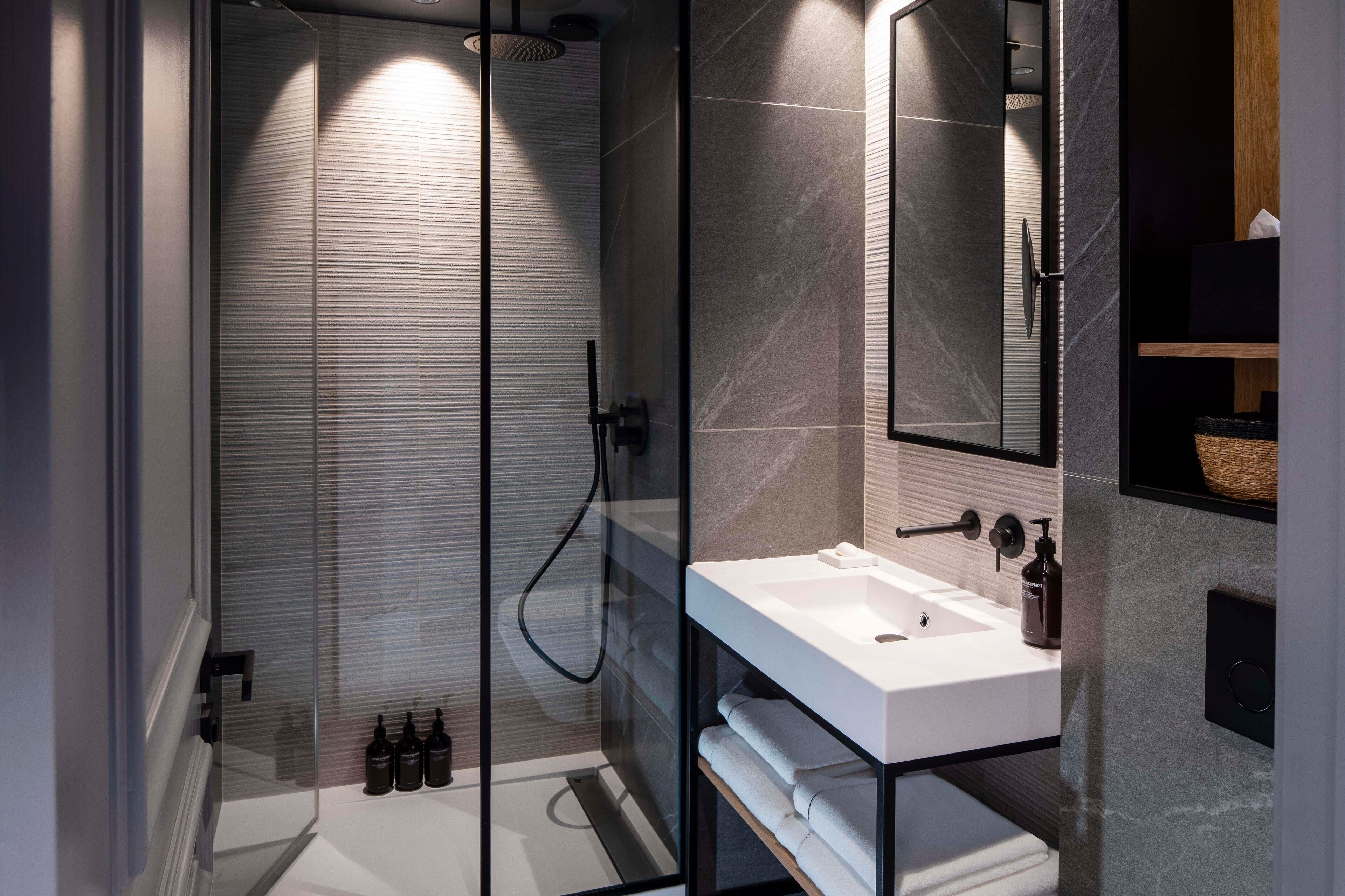 rainfall showerhead, free toiletries, hair dryer, bathrobes