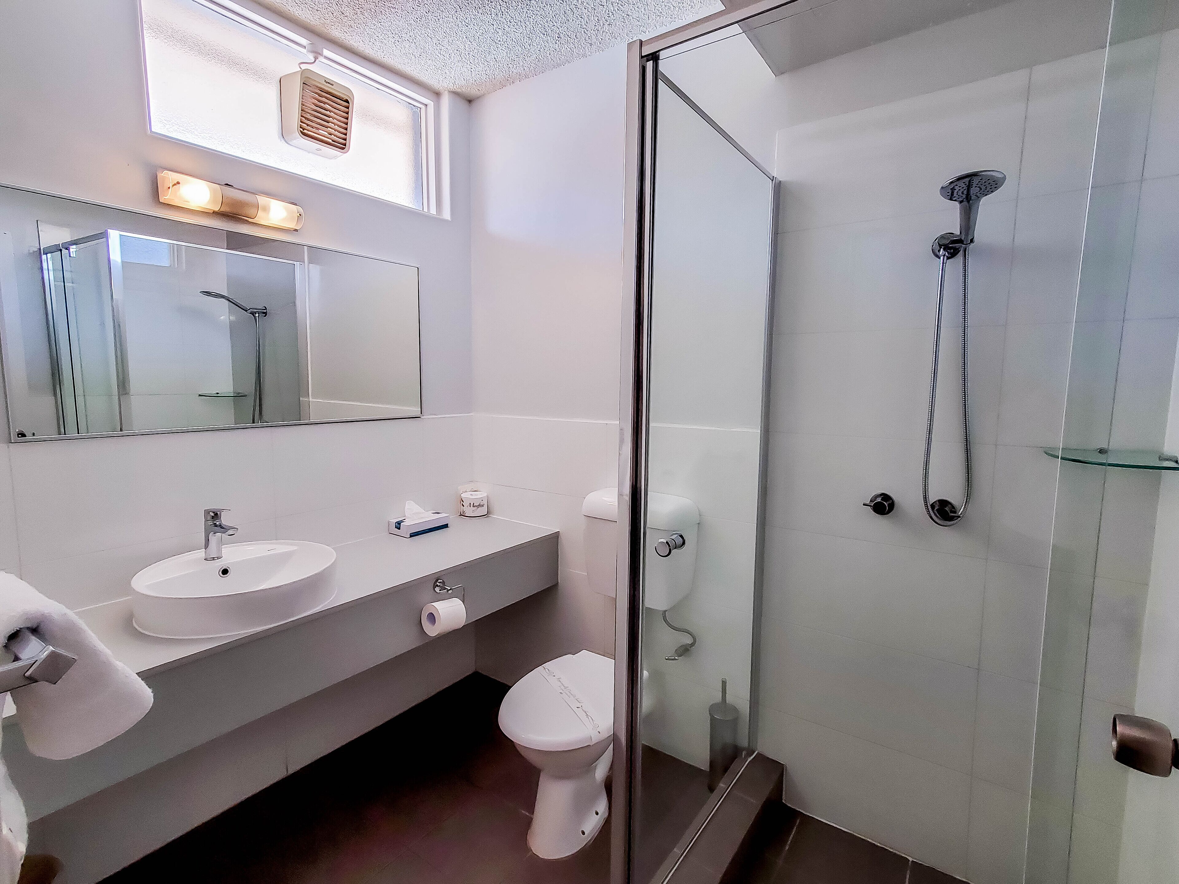 A modern bathroom with a glass shower enclosure, a large mirror, and a vanity with a sink and toilet.