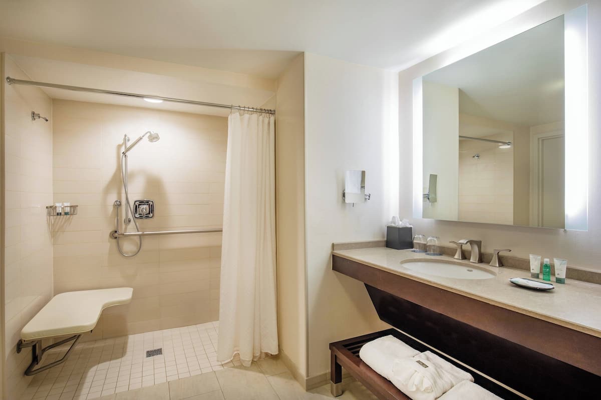 combined shower/bathtub, designer toiletries, hair dryer, bathrobes