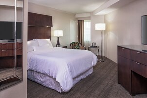 Habitación de hotel con una cama grande, un escritorio, una silla, un televisor y un espejo.
